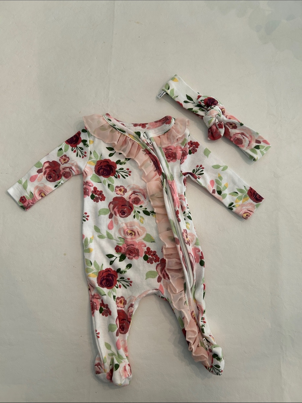Baby Essentials White One-Piece with Pink Floral Print and Ruffle
